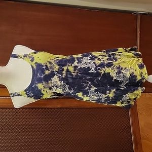 RAYA SUN | Green & Navy Tie Dye Cotton Blend Dress with Fish Print - size M